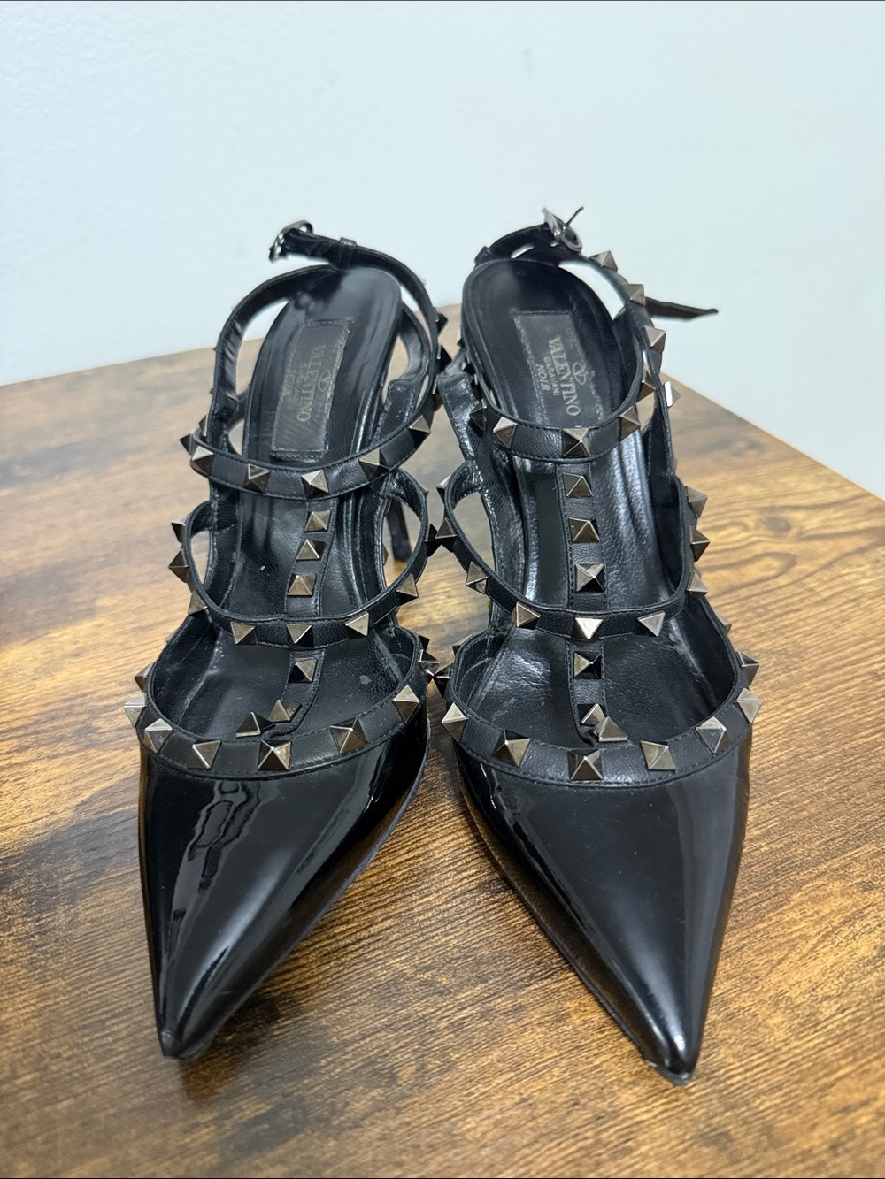 Valentino Garavani Black Patent Leather Rockstud Pointed-Toe Strappy Pumps